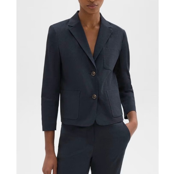 THEORY Boxy Patch Pocket Blazer in Stretch Linen Black - Picture 2 of 10